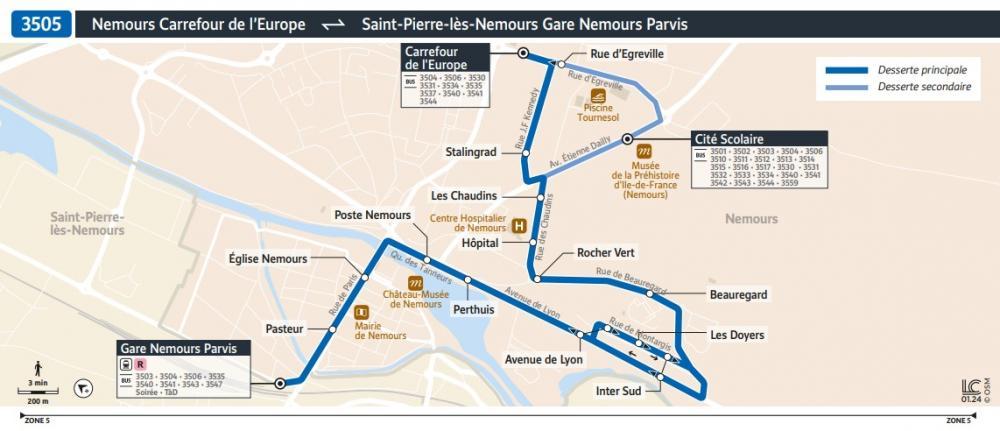 plan de la ligne de bus 3505 permettant de rejoindre le musée de Préhistoire depuis la gare