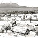 Dessin représentant une ferme de l'âge du Bronze entourée de son terroir agricole