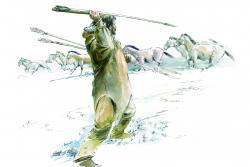 Illustration d'une chasse aux chevaux. Un chasseur préhistorique armé d'un propulseur et d'une sagaie est représenté de dos face à un troupeau de chevaux