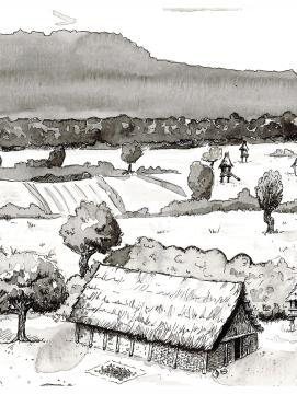 Dessin représentant une ferme de l'âge du Bronze entourée de son terroir agricole