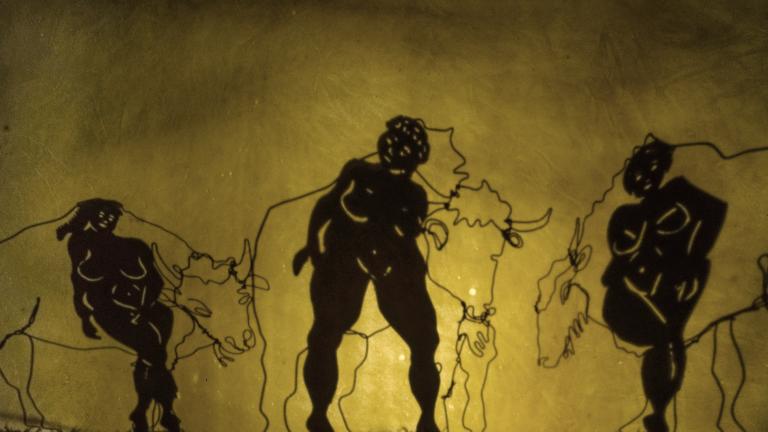 Vue du spectacle de marionnettes et d'ombre intitulé "Niébé et la femme bison"