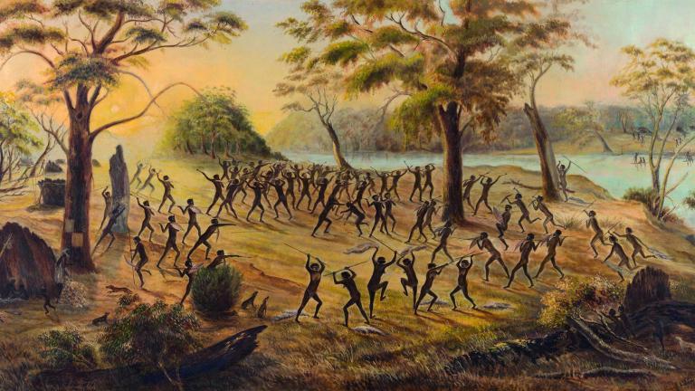 Illustration d'une bataille régulée opposant des aborigènes d'Australie