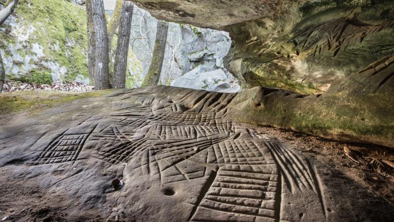 Vue depuis l'intérieur d'une cavité sur la forêt de Fontainebleau. Sur la roche, de nombreux symboles géométriques ont été gravés.